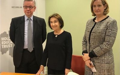Environment Secretary Michael Gove, survivor Hannah Lewis and Home Secretary Amber Rudd at a joint Home Office-DEFRA event for Holocaust Memorial Day 2018