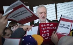 Labour leader Jeremy Corbyn joins school children at the Emirates Stadium in London where he spoke to the Show Racism the Red Card event to make children more aware of race issues and how to address them. Photo credit: Stefan Rousseau/PA Wire