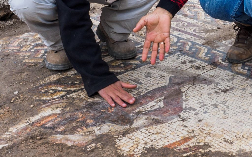 The mosaic uncovered in Caesarea and conservation work by the Israel Antiquities Authority. Photo: Assaf Peretz, Israel Antiquities Authority