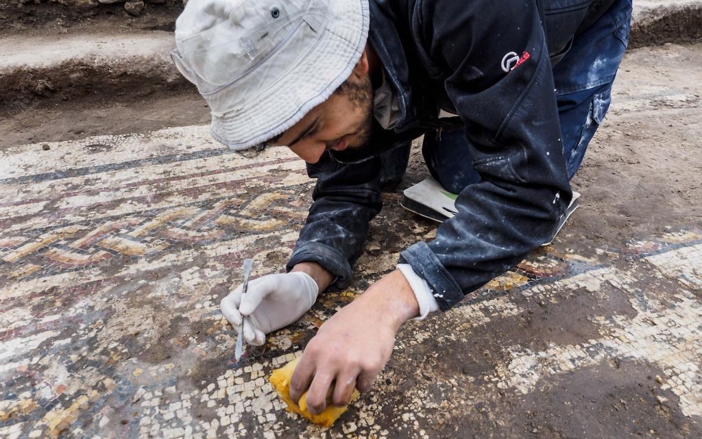 The mosaic uncovered in Caesarea and conservation work by the Israel Antiquities Authority. Photo: Assaf Peretz, Israel Antiquities Authority