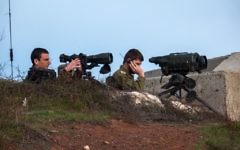 Members of the United Nations Disengagement Observer Force (UNDOF) looks through binoculars at Mount Bental, an observation post in the Israeli occupied Golan Heights near the ceasefire line between Israel and Syria February 9, 2018. Photo by: JINIPIX Members of the United Nations Disengagement Observer Force (UNDOF) looks through binoculars at Mount Bental, an observation post in the Israeli occupied Golan Heights near the ceasefire line between Israel and Syria February 9, 2018. Photo by: JINIPIX