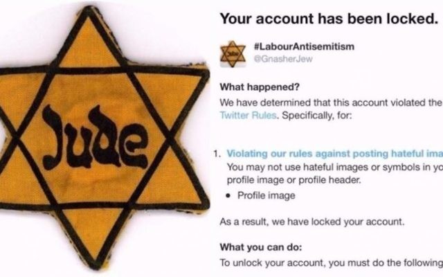 Message posted on line by Campaign Against Antisemitism, revealing that  GnasherJew had been locked out from the social media site