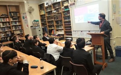Emanuel Miller addressing Hasmonean pupils