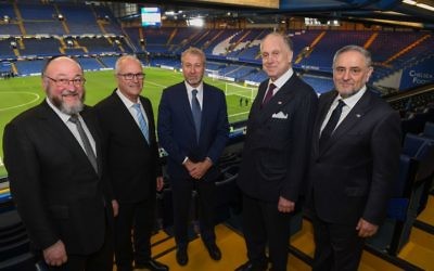 Chelsea launched their campaign to tackle anti-Semitism last Wednesday at Stamford Bridge. Pictured l-r: Chief UK Rabbi Mirvis, Gad Ariely Chair, WJC Israel, Chelsea FC owner Roman Abramovich, WJC President Ronald Lauder, WJC CEO Robert Singer 

Credit: Shahar Azran