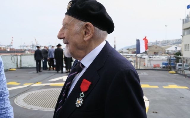 Walter Bingham with his Legion of Honor award on his lapel, on board the ship in Haifa harbour 

Photo credit: Embassy of France to Israel / Elodie Sauvage