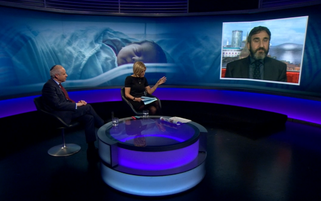 Jonathan Arkush on Newsnight during the discussion with Dr Antony Lempert. Emily Maitlis hosts the debate