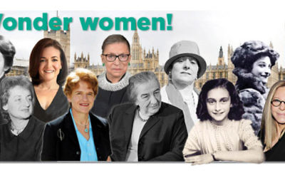 L-R: Rosalind Franklin, Betty Friedan, Sheryl Sandberg, Deborah Lipstadt, Ruth Bader, Ginsburg, Golda Meir, Helena Rubenstein, Anne Frank, Dorothy Levitt, Barbra Streisand