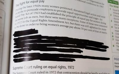 Photo issued by Humanists UK of a section on Roe v Wade, the US Supreme Court decision that made abortion a legal right is covered completely in a textbook, Understanding the Modern World, which has been redacted by Yesodey Hatorah Senior Girls' School. 

 Photo credit: Humanists UK/PA Wire