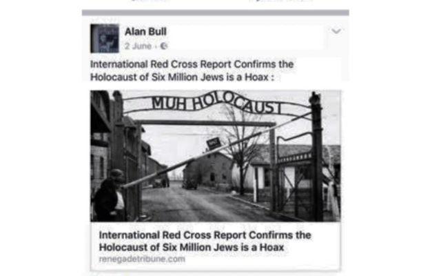 Alan Bull posting Holocaust denial literature on Facebook