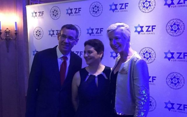 Israeli Ambassador Mark Regev (left) with Katie Hopkins (right) and another guest. The ZF came in for significant criticism after the controversial columnist appeared at the dinner
