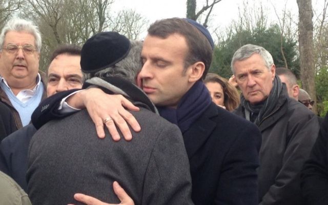 French President Emmanuel Macron at the funeral for murdered Holocaust survivor Mirelle Knoll, March 28, 2018. (Abraham Ben Isaac on Twitter, )