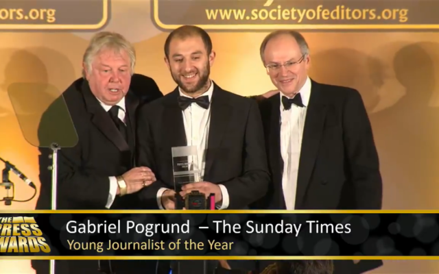 Gabriel Pogrund (centre) accepts his award from From Nick Ferrari (left)