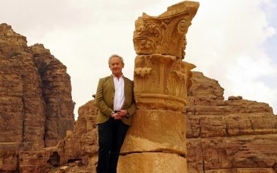Simon Schama at the stone-carved temple ruins in Petra, Jordan