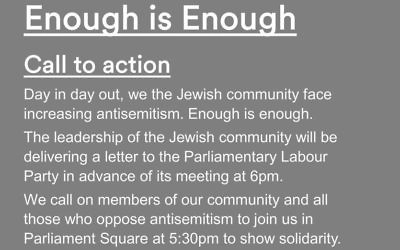Enough is enough rally poster by the JLC and Board of Deputies