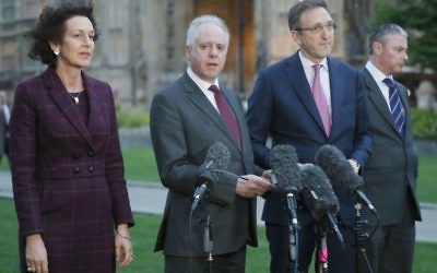 Members of the Board of Deputies (left to right) Gillian Merron, Jonathan Arkush, Jonathan Goldstein, and Simon Johnson speak to the media on College Green following a meeting with Labour leader Jeremy Corbyn 


Photo credit: Jonathan Brady/PA Wire