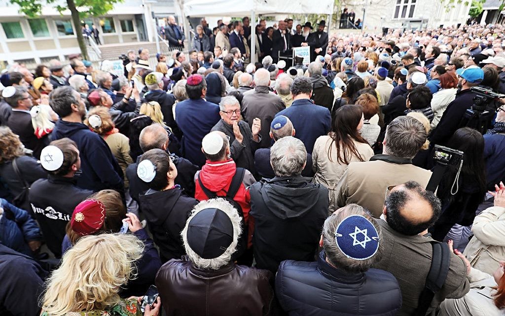 Berliners take part in a Kippa protest, demonstrating against the rise in anti-Semitism in April