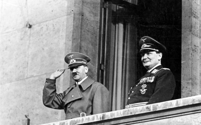 Adolf Hitler with Göring on balcony of the Chancellery, Berlin, 16 March 1938