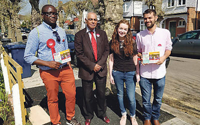 L-R Barnet Labour Hale ward candidates Ernest Ambe, Rachel barker and Liron Velleman , supported by deselected former Tory councillor Sury Khatri (second left)
