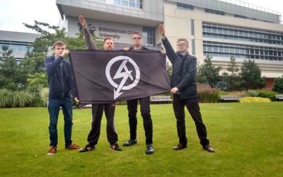 Garry Jack and Chad Williams-Allen, (second left) who were convicted alongside two other men who cannot be named for legal reasons, of inciting racial hatred after plastering offensive stickers across Aston University campus signs in Birmingham in 2016. 

Photo credit should read: West Midlands Police/PA Wire