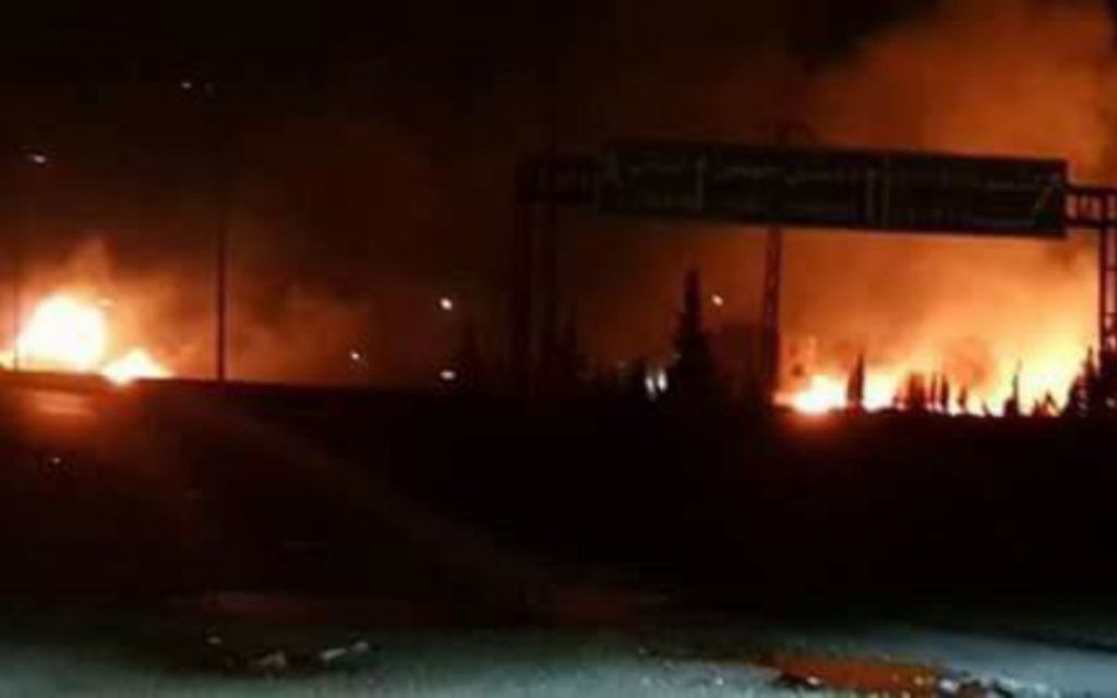 Screenshot of a video showing reported Israeli strikes against sites in Syria on 9 May, before the barrage of Iranian rocket fire