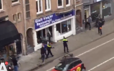 Screenshot showing the Palestinian protester smashing up a kosher shop in Amsterdam, May 2018