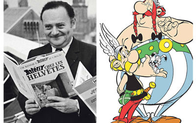 On the left René Gascinny with a copy of an Astérix book, with Astérix, Obelix and Dogmatix on the right