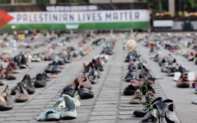 Thousands of shoes placed in Brussels to remember Palestinians who have been killed. Source: Screenshot from Youtube