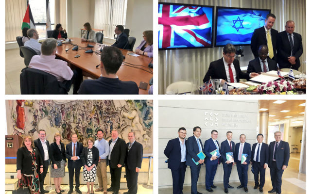 Top left: Labour MPs meeting Palestinian Authority Minister Amal Jadou in Ramallah. Top Right  Science Ministers Ofir Akunis & the UK's Sam Gyimah sign a memorandum of understanding. Bottom left : Labour MPs meeting with opposition leader Isaac Herzog. Bottom right: Tory MPs visit  visit Israel Innovation Authority,