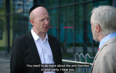 A clip from the sketch, of Jeremy Corbyn being confronted by a visibly Orthodox Jewish man, who complains about his handling of the anti-Semitism row