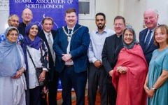 Interfaith iftar in Barnet. Left to right: Asmina Remtulla, Nurul Alam, Rev Shaun Sanders, Hadiya Masieh, Esmond Rosen, the Mayor, Imam Hamid Qureshi, Bishop John Sherington, Cllr Zakia Zubeiri & Linda Freedman