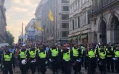Hezbollah terror flags fly as marchers parade through the streets of London for the annual Al Quds Day march. Picture: Richard Ferrer