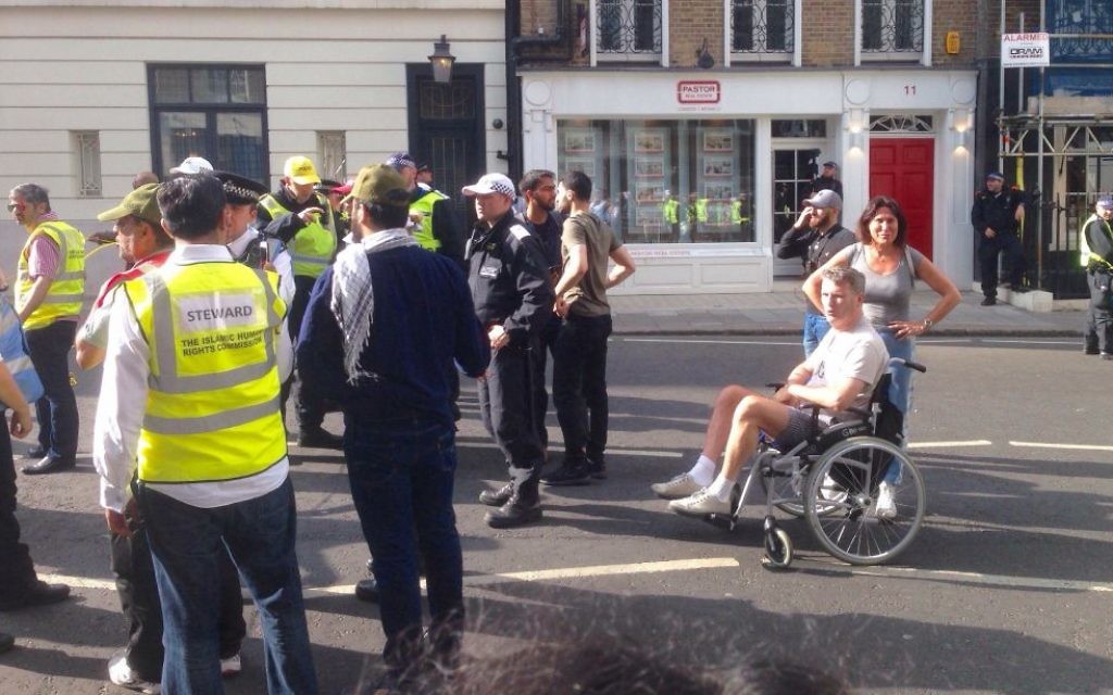 Mark Lewis in his wheelchair, forcing the pro-Hezbollah Al Quds Day march in central London