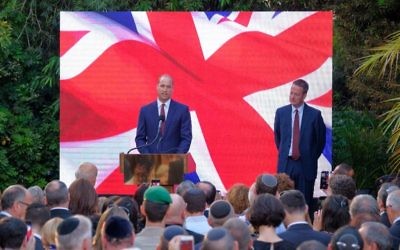 Prince William besides David Quarrey at a garden party reception at the Envoy's house in Tel Aviv