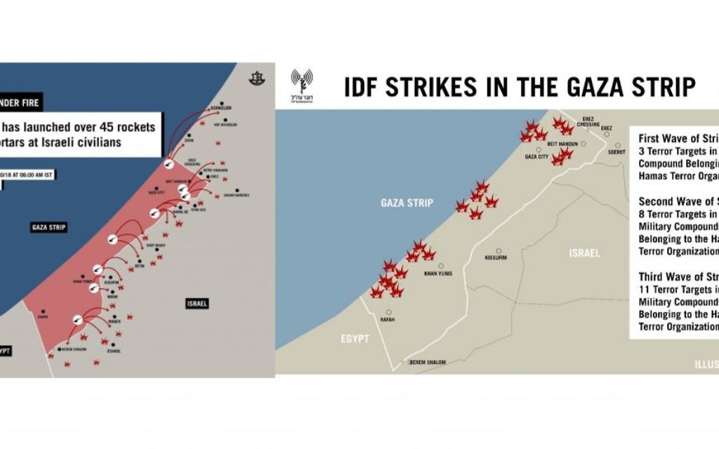 IDF illustration shows where Gaza rockets were fired from and where the Israeli responses were delivered to