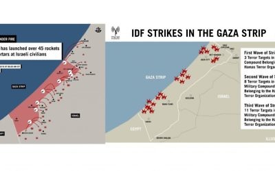 IDF illustration shows where Gaza rockets were fired from and where the Israeli responses were delivered to