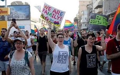 Demonstrators for LGBT rights march in Tel Aviv in July 2018