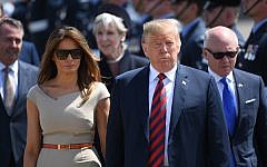 US President Trump and Melania Trump, Woody Johnson, United States Ambassador to the United Kingdom (right) arrive at Stansted Airport, London, in Air Force One, for their first official visit to the UK.
