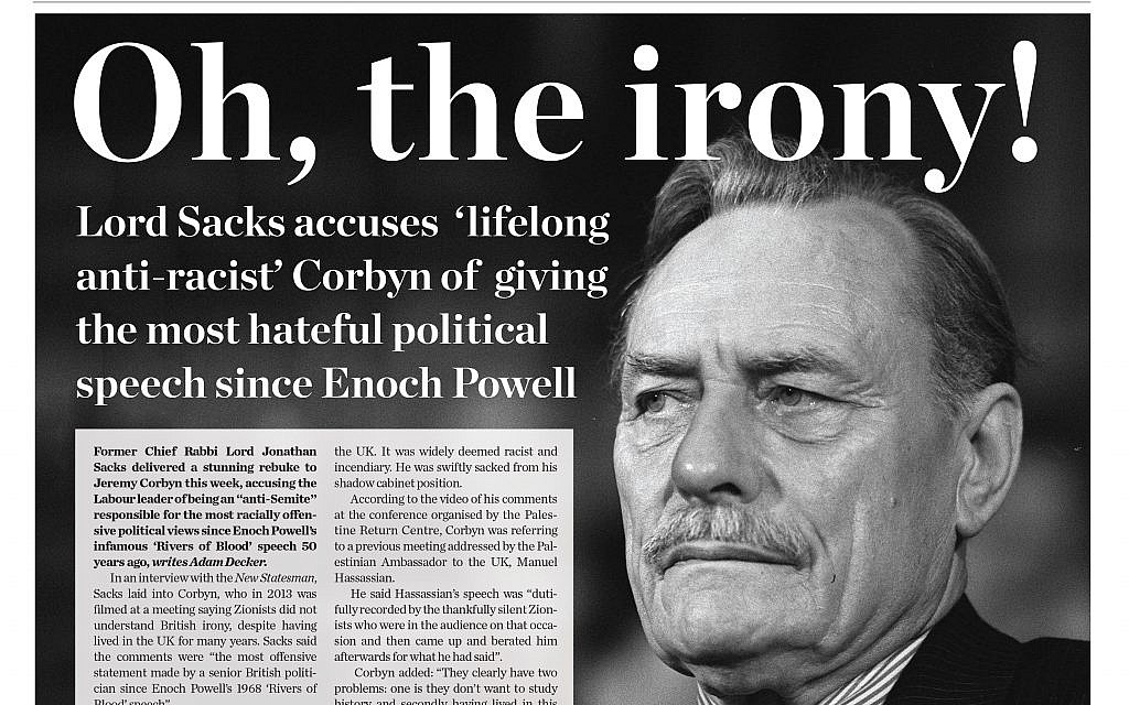 This Jewish News front page in the week of Rabbi Lord Sacks' comments about Jeremy Corbyn