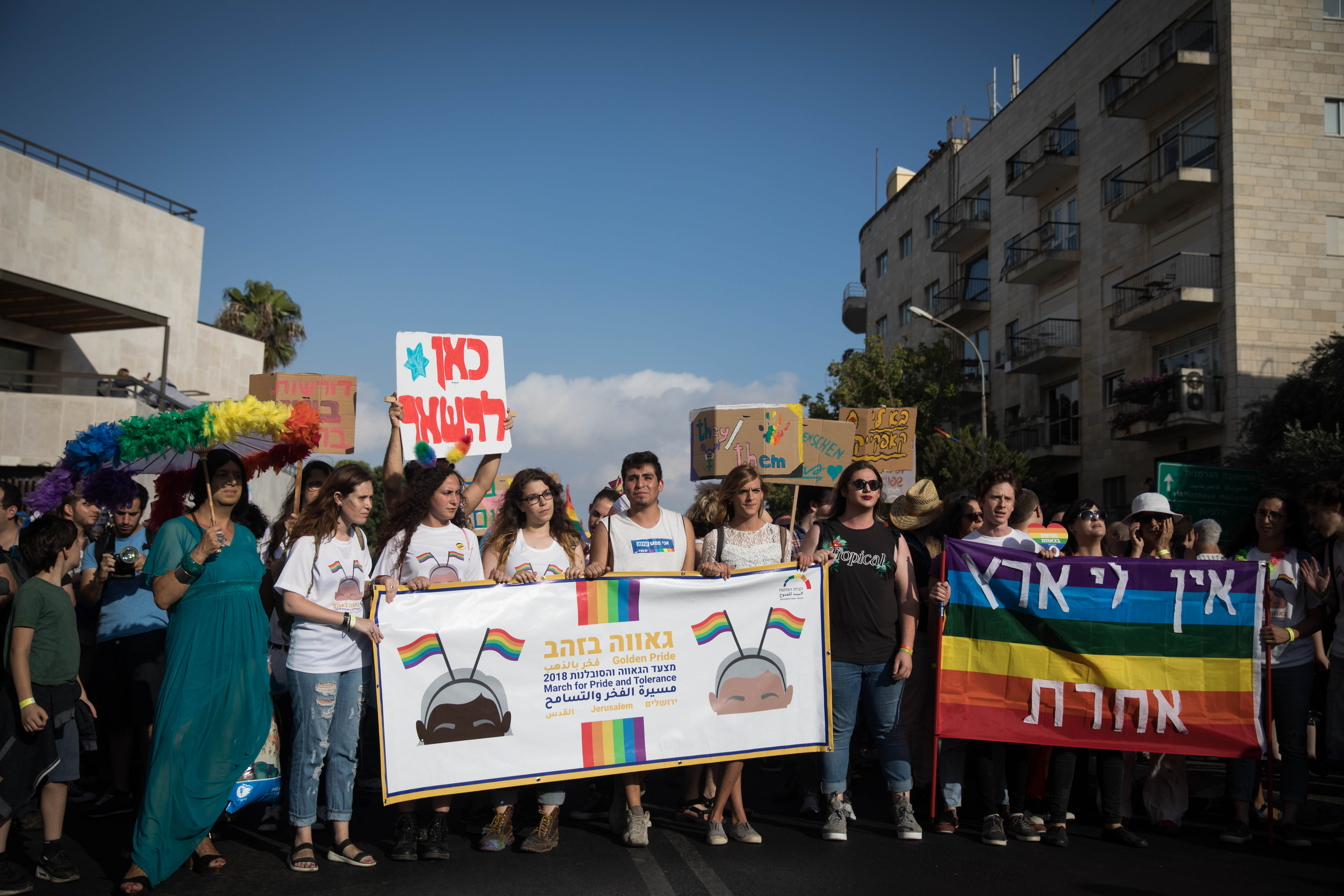 Participants take part in the annual Jerusalem Gay Pride parade on August 2, 2018.   This year's parade, the 17th annual Jerusalem march, is being held under the banner of "Pride and Tolerance". Photo by: JINIPIX
