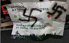 Swastikas painted on a school sign in Newport, south Wales.
Photo credit: Crown Prosecution Service/PA Wire Swastikas painted on a school sign in Newport, south Wales.
Photo credit: Crown Prosecution Service/PA Wire