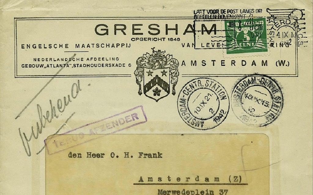 The unopened letter which was sent to Anne Frank’s father. Picture: Corinphila Auction House