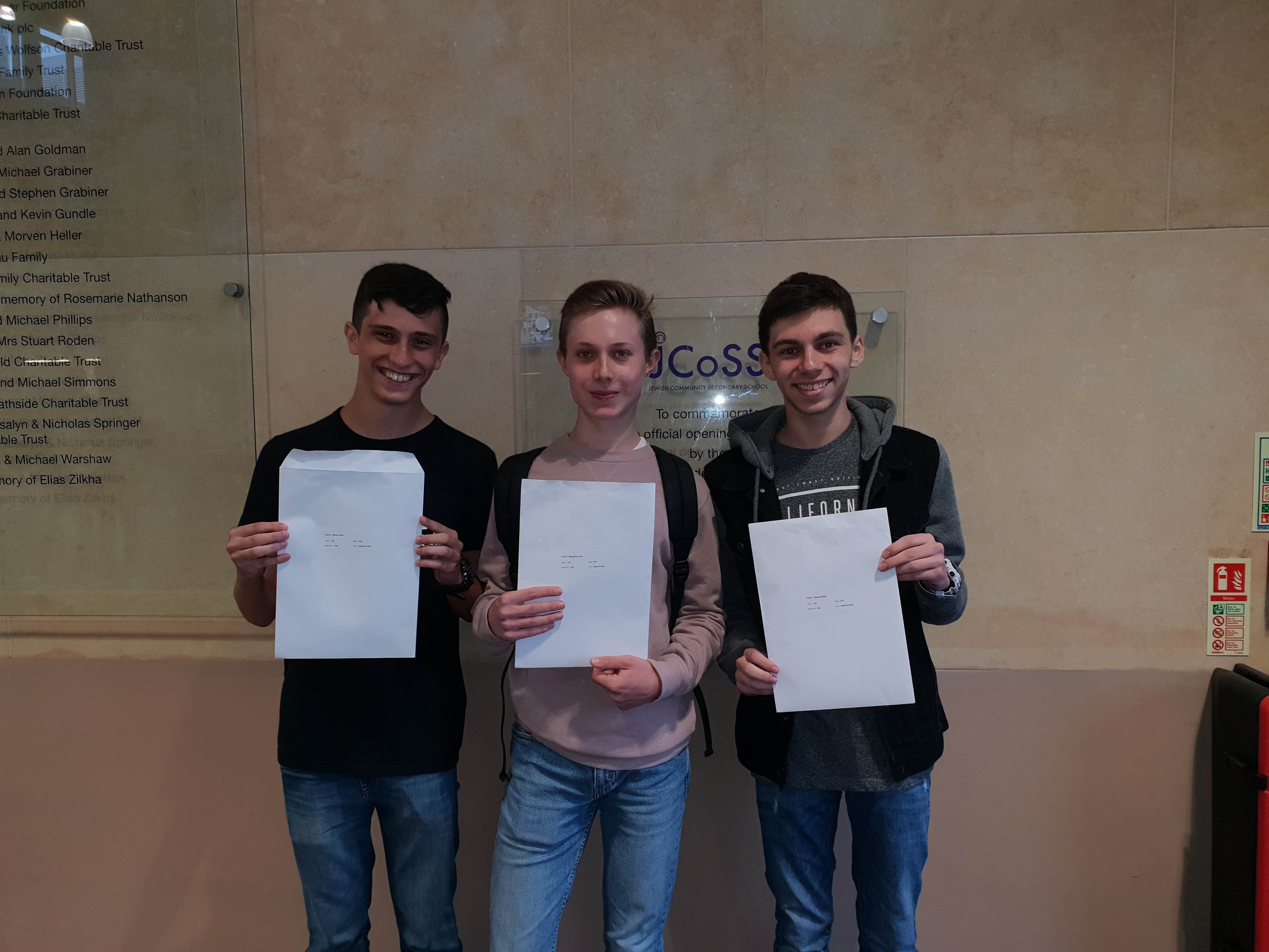 L-R: Jcoss students Aviv Silver, Jack Margolis and Adam Gould got 4 A*s