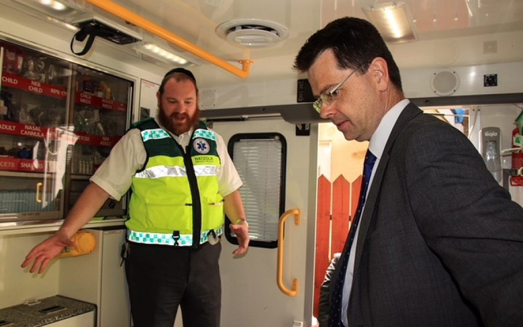 James Brokenshire with a strictly-Orthodox volunteer for emergency ambulance service Hatzola James Brokenshire with a strictly-Orthodox volunteer for emergency ambulance service Hatzola