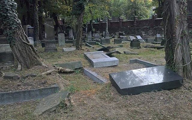 Damaged headstones at the cemetery in Mysłowice