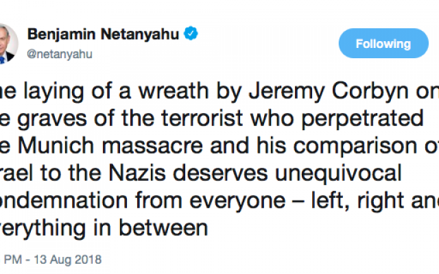 Benjamin Netanyahu's tweet criticising Jeremy Corbyn