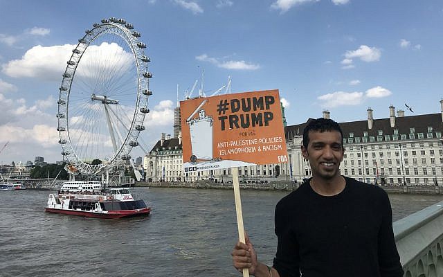 Mohammed Irfan with a Friends of Al Aqsa sign during the anti-Donald Trump protest in London