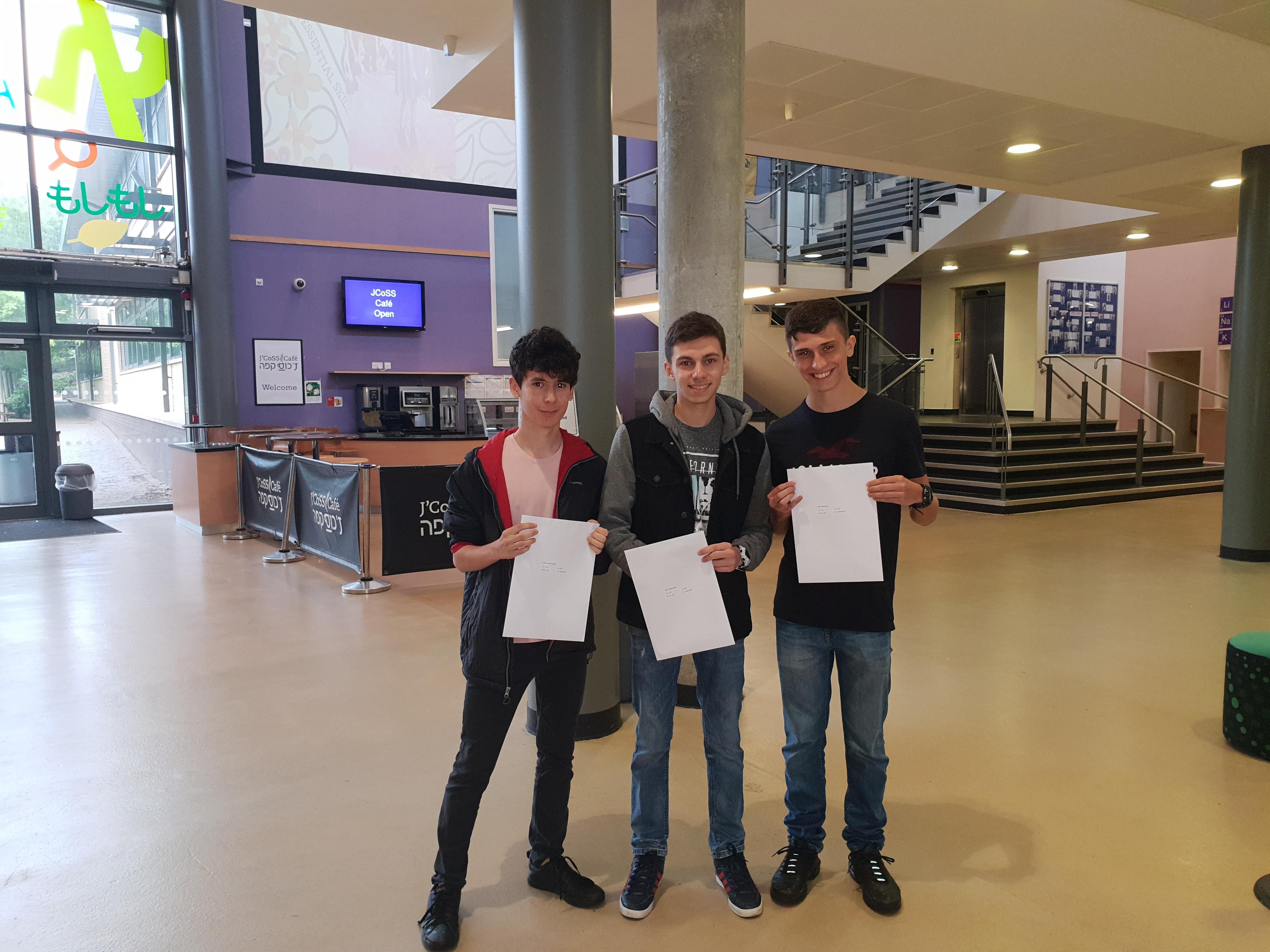 L-R: Jcoss students Josh Cowan, who is going Cambridge to read Computer Science, Adam Gould, who will go to Imperial College to read Computer Science, and Aviv Silver, who is heading to Warwick to read Morse (Maths, Statistics and Economics)