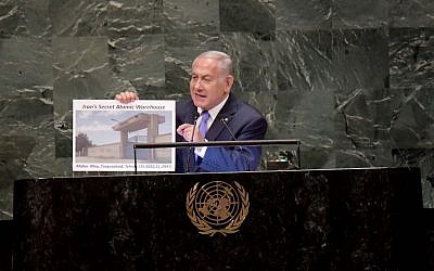 Israeli Prime Minister Benjamin Netanyahu at the United Nations, revealing what he claimed to be a secret nuclear warehouse