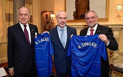 From left: WJC President Ronald S. Lauder; Director for Chelsea Football Club Eugene Tenenbaum; and WJC CEO Robert Singer. (Photo: Shahar Azran / World Jewish Congress)