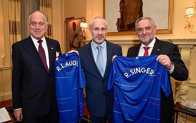 From left: WJC President Ronald S. Lauder; Director for Chelsea Football Club Eugene Tenenbaum; and WJC CEO Robert Singer. (Photo: Shahar Azran / World Jewish Congress)